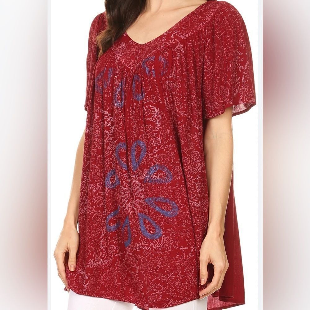 NWT Sakkas Women’s Red V Neck Floral Embroidered Top Blouse Shirt  - Size OS